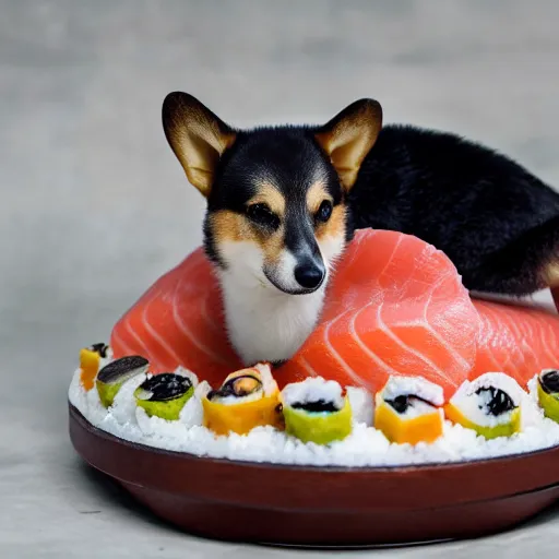 Prompt: a cute corgie lives in a house made of sushi. Photography.
