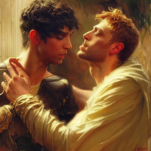 Image similar to attractive arthur pendragon in love with attractive male merlin. highly detailed painting by gaston bussiere, craig mullins, j. c. leyendecker