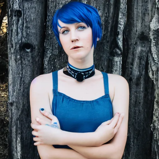 Prompt: Portrait of a cute young woman with short blue hair and a choker, portrait photography, cottagecore, upper body image, 35mm f/1.4, iso 100