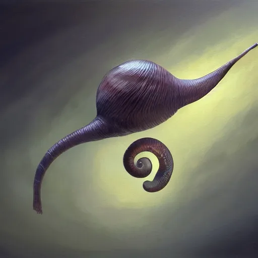 Image similar to snail with wings and feathers, in flight, oil painting, artstation, dramatic lighting, symmetry, beautiful