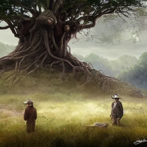 Image similar to hobbits wearing cowboy hats hiring under a tree from wraiths, artstation digital art