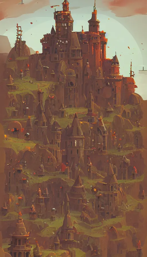 Prompt: steampunk castle on a hill, sharp focus, james gilleard, print, game art