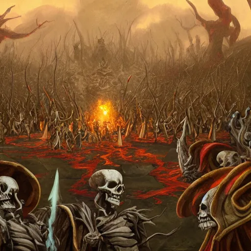 Prompt: Painting of a wizard summoning an army of skeleton warriors, trending on artstation