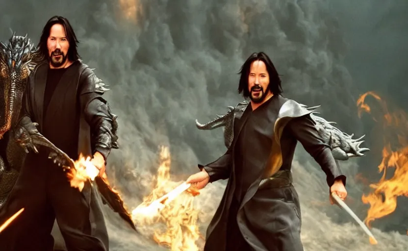 Image similar to keanu reeves dressed in wizard robes fighting a dragon on a fantasy battlefield