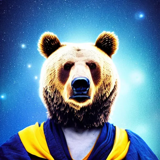 Image similar to portrait photo of bear as a jedi, blue and yellow lighting, dark, cinematic, high quality, 4 k
