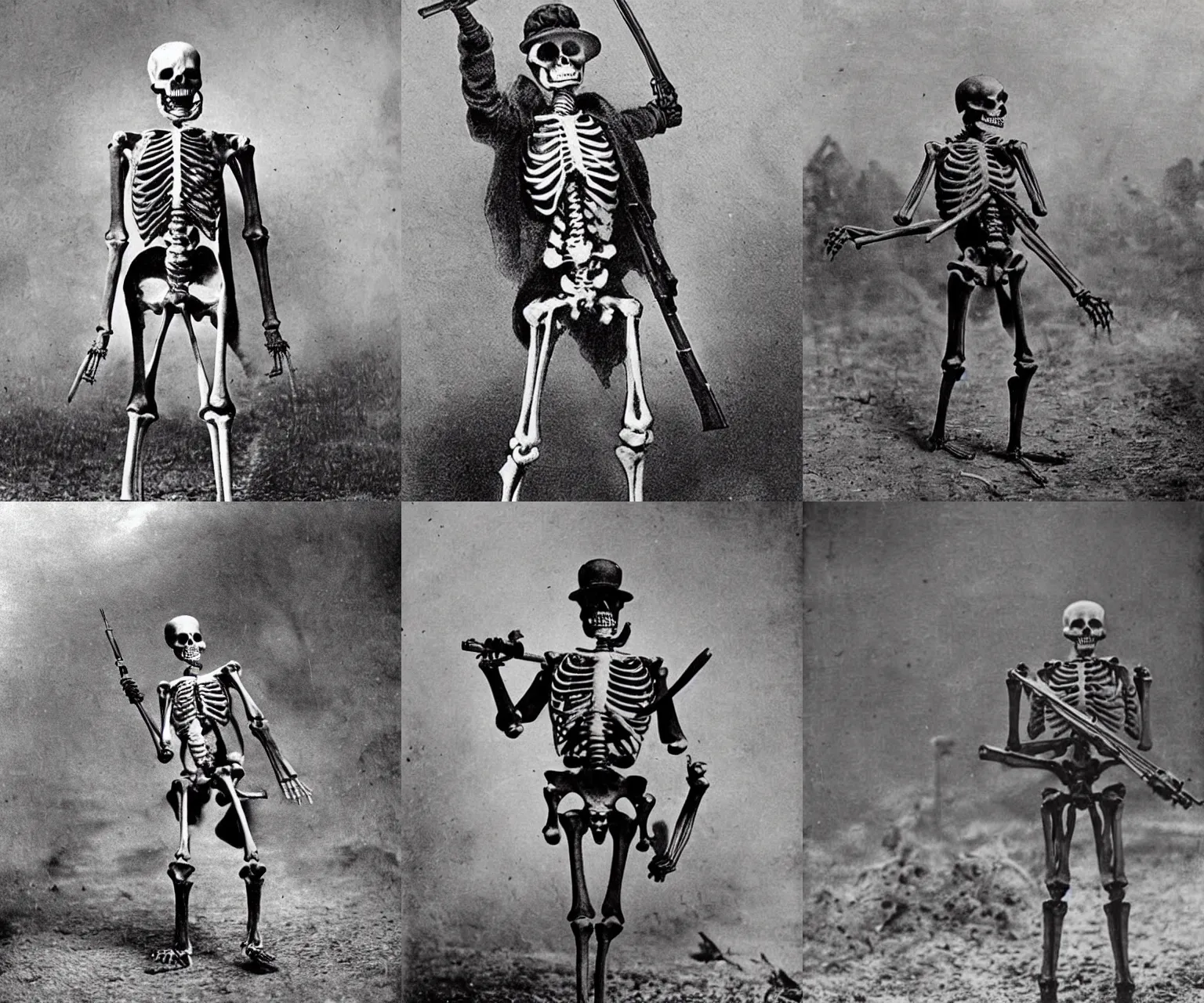 Prompt: a living skeleton fighting in a war, 1 8 7 5, old picture, historical picture, realistic, british uniform, skeleton with gun, dramatic, scary