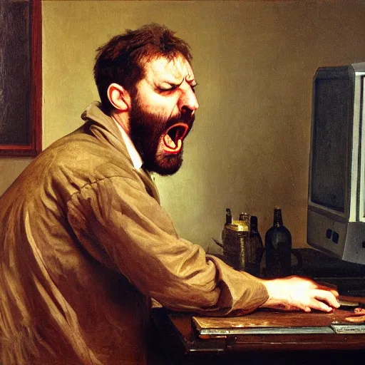 Image similar to an angry man yells at his computer monitor, oil on canvas, 1 8 8 3, highly detailed, high resolution