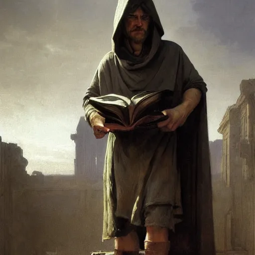 Prompt: half portait of jedi wearing a closed cowl and big old book! chained to the wrist, jeremy mann, jean - leon gerome, tiepolo, alphonse mucha, greg rutkowski, face in the shadows, ( ( ruins of ancient rome ) ), at dusk, mysterious atmosphere, sunrays, dof, high detailed, 8 k