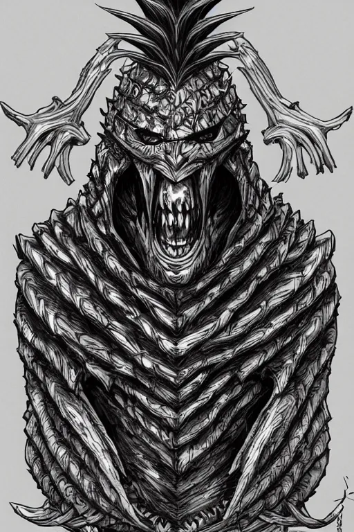 Image similar to screaming pineapple humanoid figure monster wearing themed armour, symmetrical, highly detailed, digital art, sharp focus, trending on art station, kentaro miura manga art style