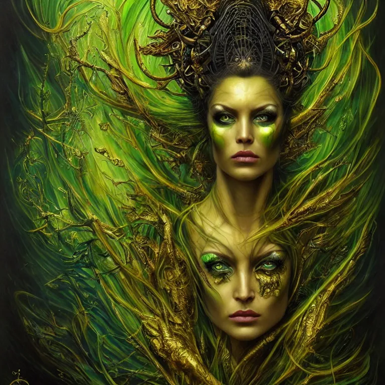 Prompt: green and golden design elements, single face portrait. complex hyper-maximalist overdetailed beautiful but terrifying, cinematic cosmic scifi portrait of an elegant very attractive but wild and dangerous witch antropomorphic female warrior god by andrei riabovitchev, tomasz alen kopera, oleksandra shchaslyva alex grey and bekinski. Fantastic realism. Extremely ornated with laced bone, branches with big thornes and green poisonous steam. Volumetric soft green and red lights. Omnious intricate. Secessionist style ornated portrait illustration. Poison goddes. Slightly influenced by giger. Zerg human hybrid goddes. Unreal engine 5. Focus on face. Artstation. Deviantart. 8k 4k 64megapixel. Cosmic horror style. Rendered by binx.ly. coherent, hyperrealistic, lifelike textures and only one face on the image.