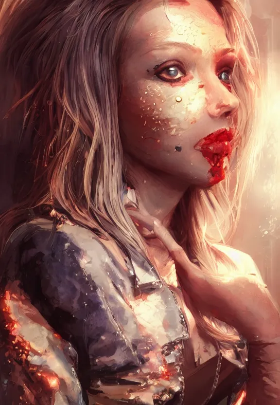 Image similar to digital illustration of a girl with eyes that burn like cigarettes wearing a short skirt and a long jacket with fingernails that shine like justice, dramatic lighting, photorealistic, full body portrait, detailed anatomy, extreme detail, 4 k, colorful, artgerm and craig mullins, detailed face, f / 2. 8