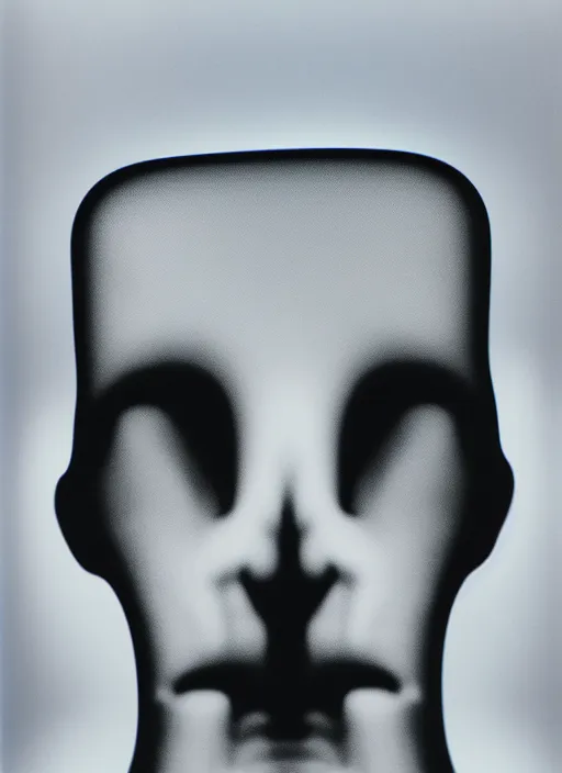 Image similar to realistic object photo of a face made pure transparent plastic white, bokeh, grain, man ray, x - ray, electronic microscope, front view, symmetric 1 9 9 0, life magazine photo