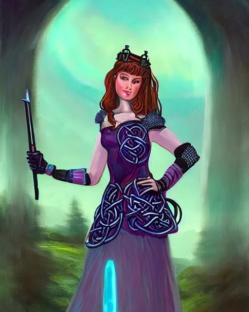 Prompt: celtic scifi princess of the highlands, wearing a lovely dress with cyberpunk details. this oil painting by the beloved children's book author has an interesting color scheme and impeccable lighting.