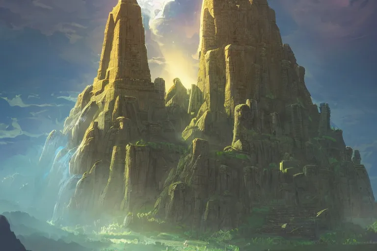 Image similar to the ancient temple zelda breath of the wild, in the style of stephan martiniere and vicente segrelles, trending on artstation, back lighting tilt - shift cottagecore, abstract illusionism, movie poster, creature concept art, precisionism