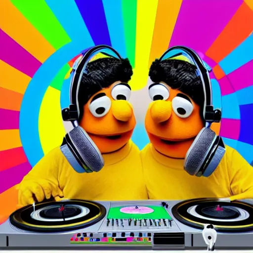 Image similar to svg sticker of a Pop-Wonder Bert&Ernie, Sesame-Street, at a rave, spinning records, giant headphones rocking out, wearing headphones, huge speakers, dancing, rave, DJ, spinning records, digital art, amazing composition, rule-of-thirds, award-winning, trending on artstation, featured on deviantart