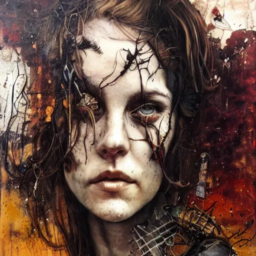 Image similar to riley keough as an apocalyptic wasteland wanderer, steelpunk, abandoned steelworks, grime and grunge, in the style of adrian ghenie, esao andrews, jenny saville,, surrealism, dark art by james jean, takato yamamoto, kodak ektar