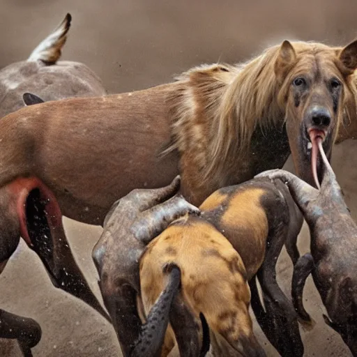 Image similar to National Geographic photo of horse full of octopus being eaten by African hunting dogs