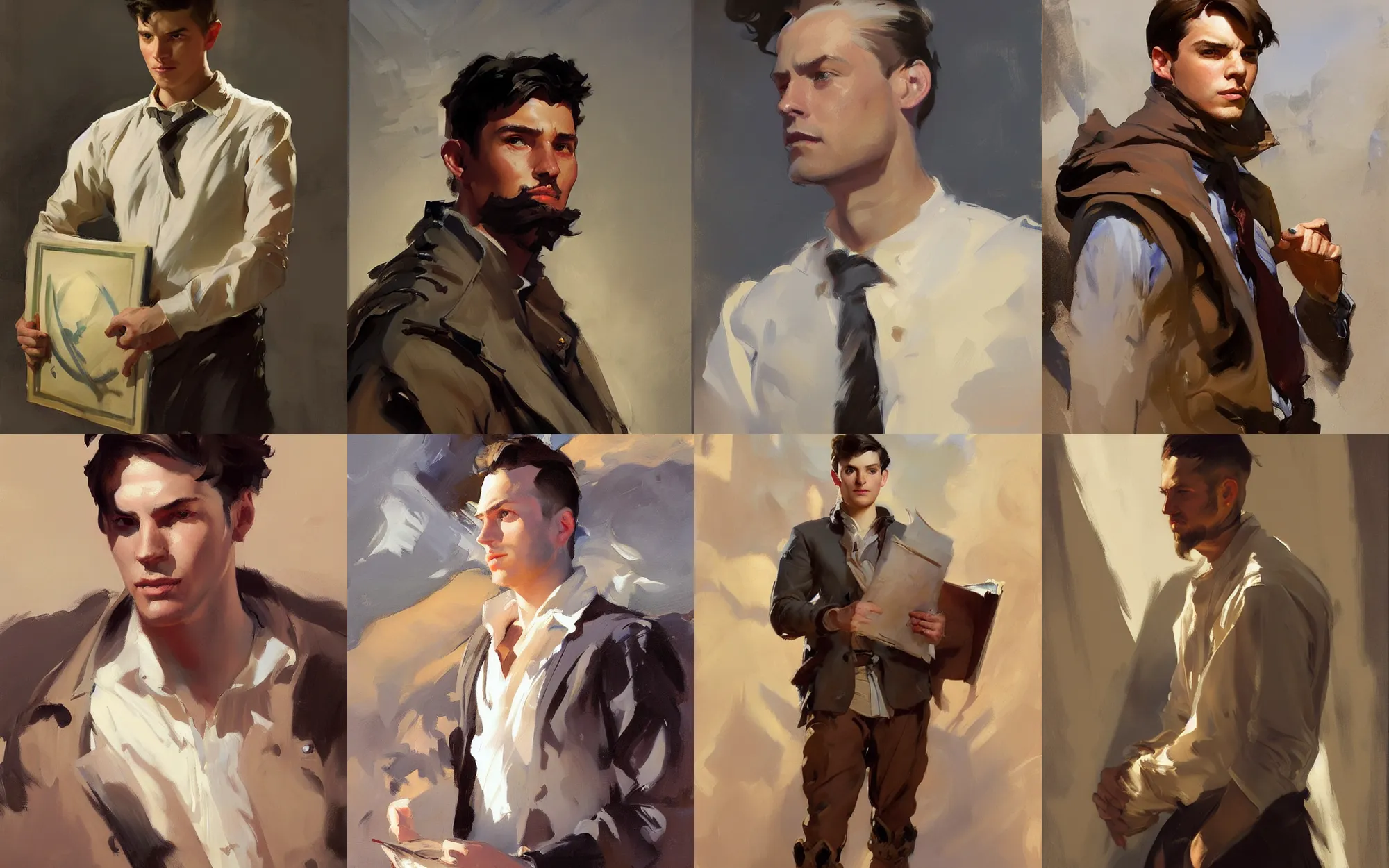 Image similar to portrait of young man traveler greg manchess painting by by sargent and leyendecker, d & d, fantasy, medium shot, asymmetrical, intricate, elegant, matte painting, illustration, hearthstone, by greg rutkowski, by greg tocchini, by james gilleard, by joe fenton