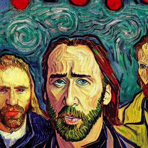 Image similar to nic cage in the last supper as painted by vincent van gogh