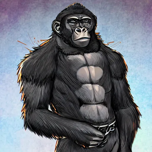 Image similar to gorilla dnd character, technomancer, working on laptop, profile, detailed illustration