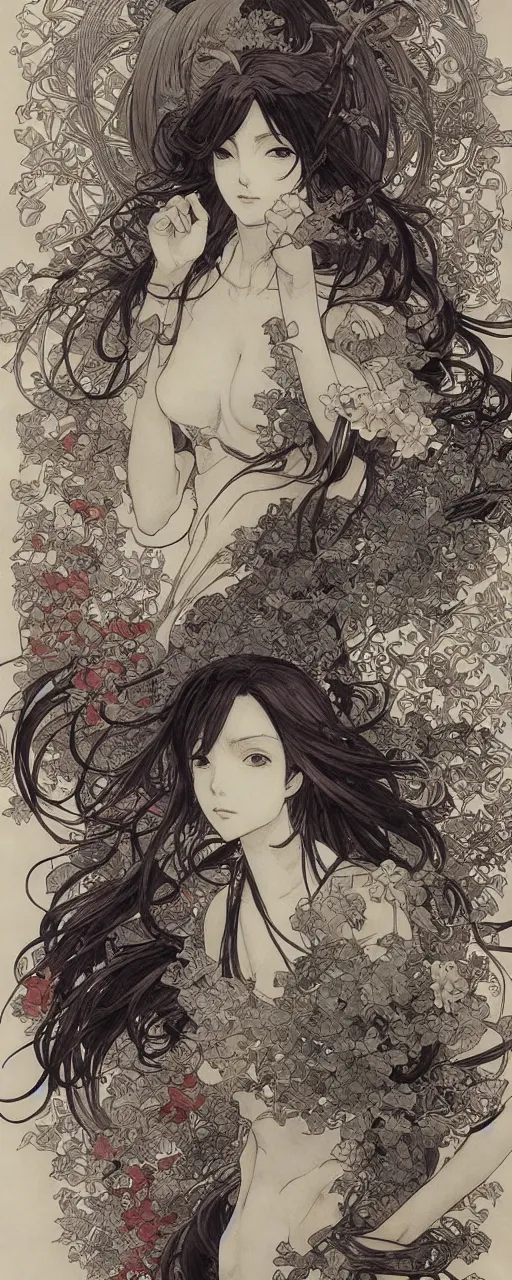 Image similar to yoshitaka amano anime painting, intricate line drawings, pen and ink, alphonse mucha, claire wendling, kentaro miura, ruan jia