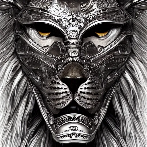 Prompt: Very very very very highly detailed epic photo of face with proud lion venetian mask, intricate, dystopian, sci-fi, extremely detailed, digital painting, artstation, concept art, smooth, sharp focus, illustration, intimidating lighting, incredible art by Artgerm and Vincent di Fate