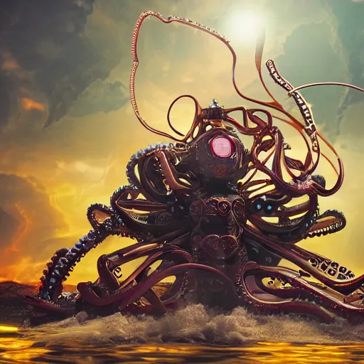 Prompt: battle cyborg fighting a robot octopus, 8k HD photography