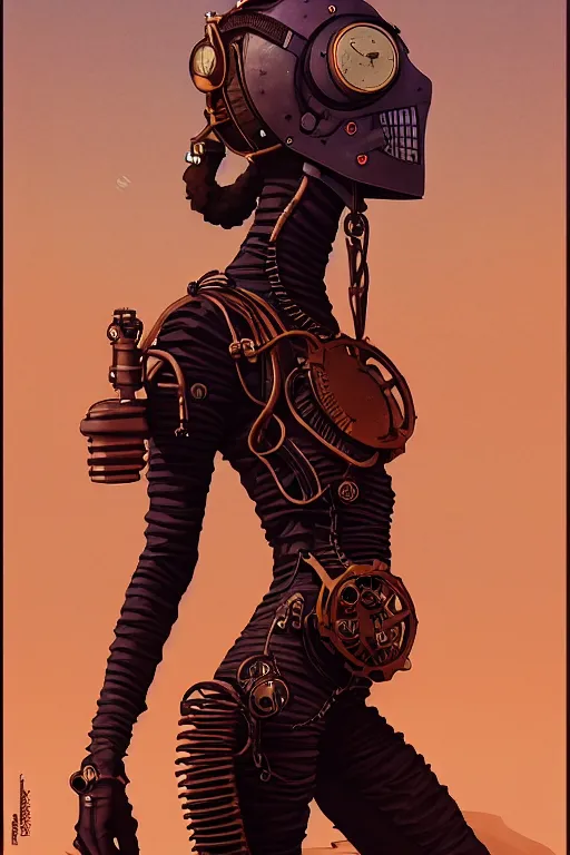 Prompt: sideview fullbody portrait of a steampunk desert empress. by vincent di fate, james jean, dom qwek. inspired by igor goryunov andrei riabovitchev. madmax aesthetics. atmospherical, photorealistic retrofuturist concept art, trending on art station, cinematic, ultra detailed