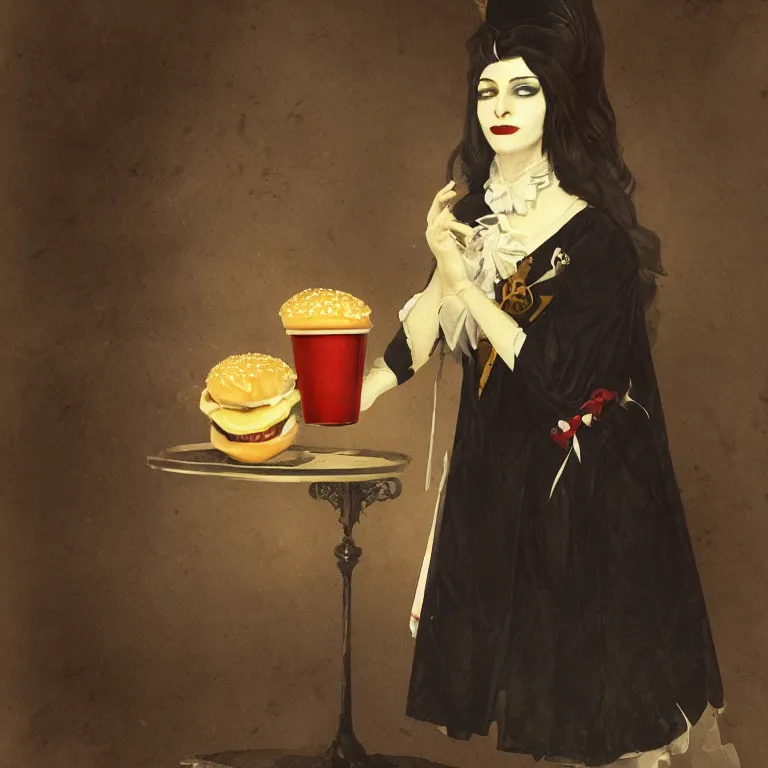 Image similar to portrait of a beautiful and grim vampire queen wearing a mcdonalds uniform by William-Adolphe Bouguerea