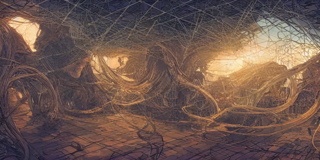 Image similar to incredible concept art of multiple plots and threads interweaving into a holodeck like structure, audience, cinematic, cinema, amazing detail, by moebius and mohrbacher,