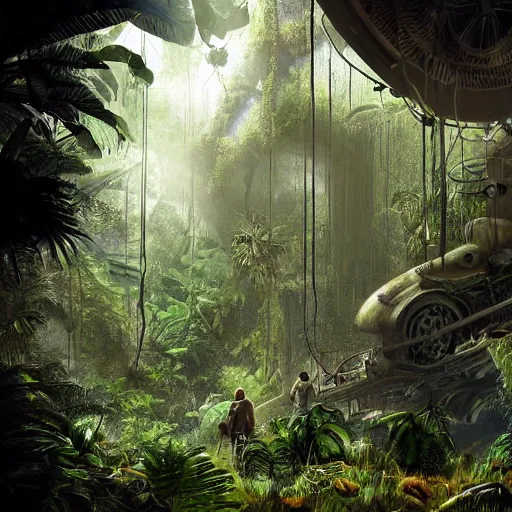 Prompt: interior shot of a lush jungle with two steam punk explorers navigating the harsh terrain,