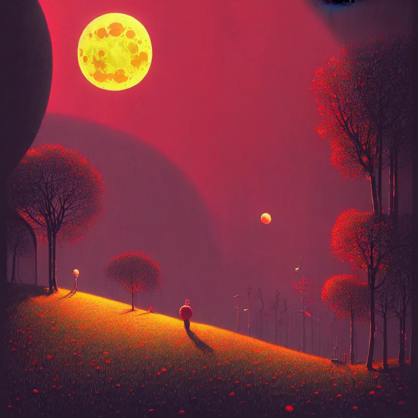 Image similar to red moon, summer morning, very coherent and colorful high contrast, art by! gediminas pranckevicius! geof darrow, pastel color, volumetric lighting, cinematic, floralpunk screen printing woodblock, dark shadows, hard lighting, stippling art