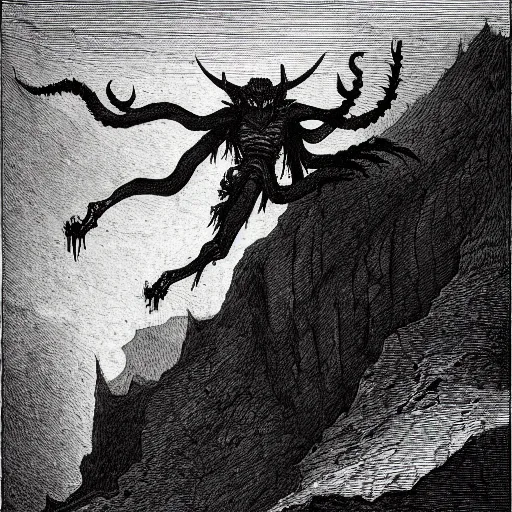 Image similar to a demon crawling up from a canyon, highly detailed, in the style of Gustave Dore