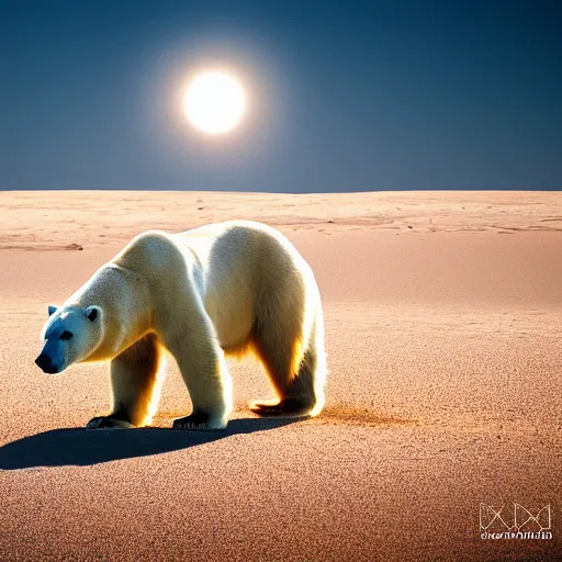 Image similar to photography of a polar bear in the desert, VFX, cinematic, rule of thirds, golden ratio, evening