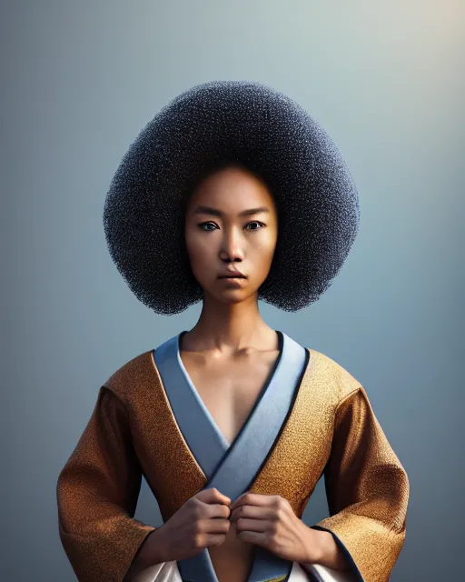 Prompt: portrait of pretty samurai with afro, female, prismatic highlights, super model, brown skin, blue eyes, telephoto, beautiful, depth of field, cinematic, macro, concept art, 50mm, art station, wepa digital, digital painting, elegant, epic, focus, octane render, v-ray, 8k, C4D, art by Karol Bak