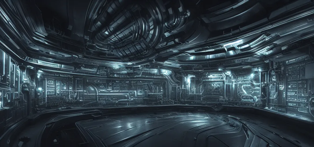 Image similar to dramatic render of interior of dark futuristic spaceship engine room at night, only light source is the large neon battery in the centre, ambient occlusion, raytracing, unreal engine,, detailed, 3 d artstation by h. r giger