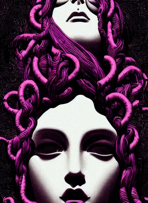 Image similar to dark design poster showing a statue of medusa, black background with very subtle red and purple design elements, powerful, ominous, nekro, guido crepax, thin straight lines, dark, glitch art, neo vaporwave, gritty, layout frame, square, trending on artstation