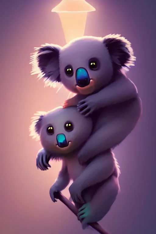 Image similar to super cute Bioluminescent humanoid koala character concept, soft light, soft mood, realistic body features and face, illustration, painting oil on canvas by Elena Zhurikhina and Goro Fujita and Charlie Bowater, octane render trending on artstation, 4k, 8k, HD