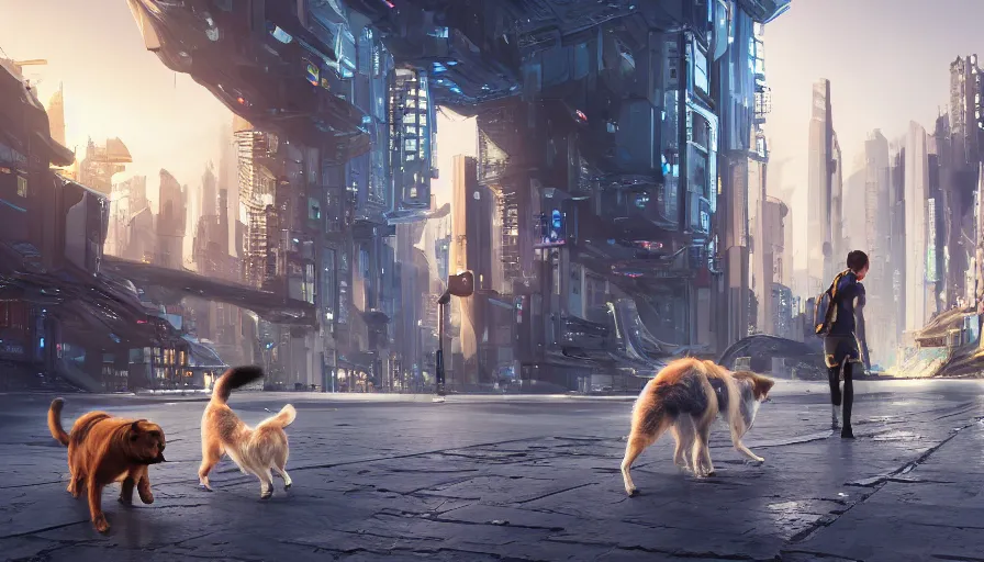 Prompt: Dog and cat walking together in a futuristic city, hyperdetailed, artstation, cgsociety, 8k