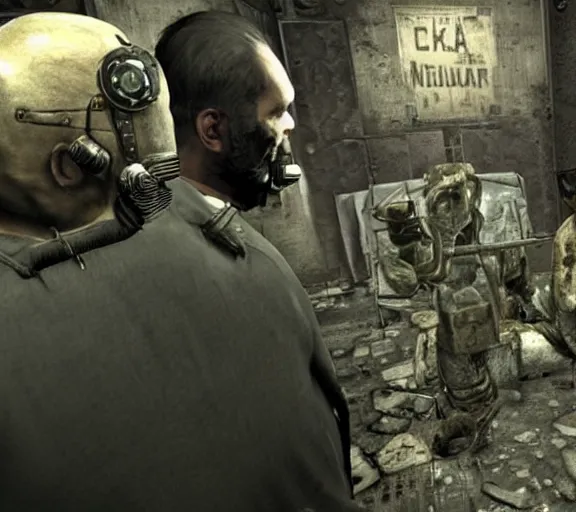 Prompt: Janusz Korwin-Mikke in the centre of a screenshot from the game Fallout: New Vegas (2010), talking to an Doc Mitchell from Fallout: New Vegas (2010)