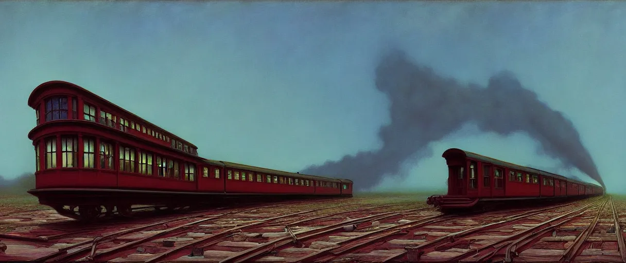 Prompt: A victorian train going nowhere, Edward Hopper and James Gilleard, Zdzislaw Beksinski, Mark Ryden, Wolfgang Lettl highly detailed