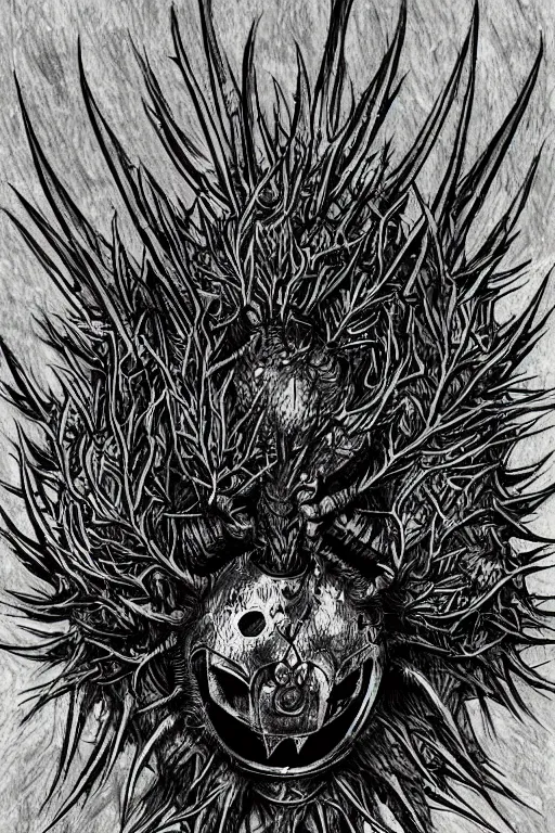 Image similar to thistle monster heavily armoured, symmetrical, highly detailed, digital art, needles, thorns, sharp focus, trending on art station, kentaro miura manga art style