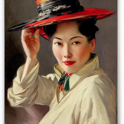 Prompt: woman wearing a chinese hat, by j. c. leyendecker