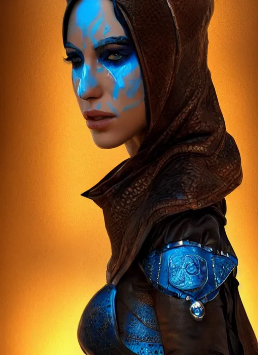 Prompt: Beautiful Arab girl with blue eyes, leather, portrait, fantasy, medieval, vivid colors, fantasy, elegant, concept art, sharp focus, beautiful face, digital art, Hyper-realistic, 4K, Unreal Engine, Highly Detailed, HD, Dramatic Lighting by Brom, trending on Artstation