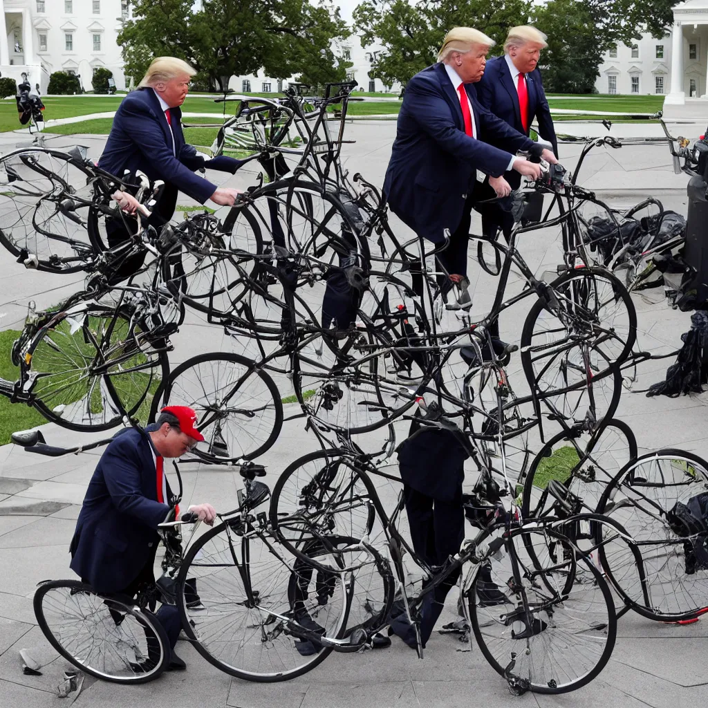 Image similar to trump repairs one bicycle outside the white house