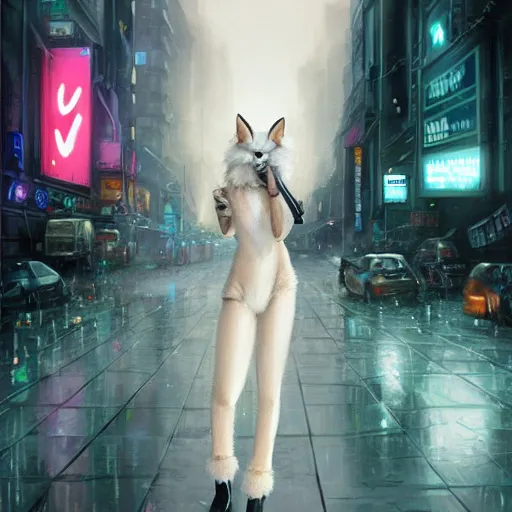 Image similar to white anthropomorphic female vulpes vulpes fulva, long snout, fluffy tail, smoking a cigarette in the rain, in crowded and wet street of a city, cyberpunk, harsh neon lights, highly detailed, digital painting, trending on artstation, concept art, illustration, art by artgerm and greg rutkowski and magali villeneuve