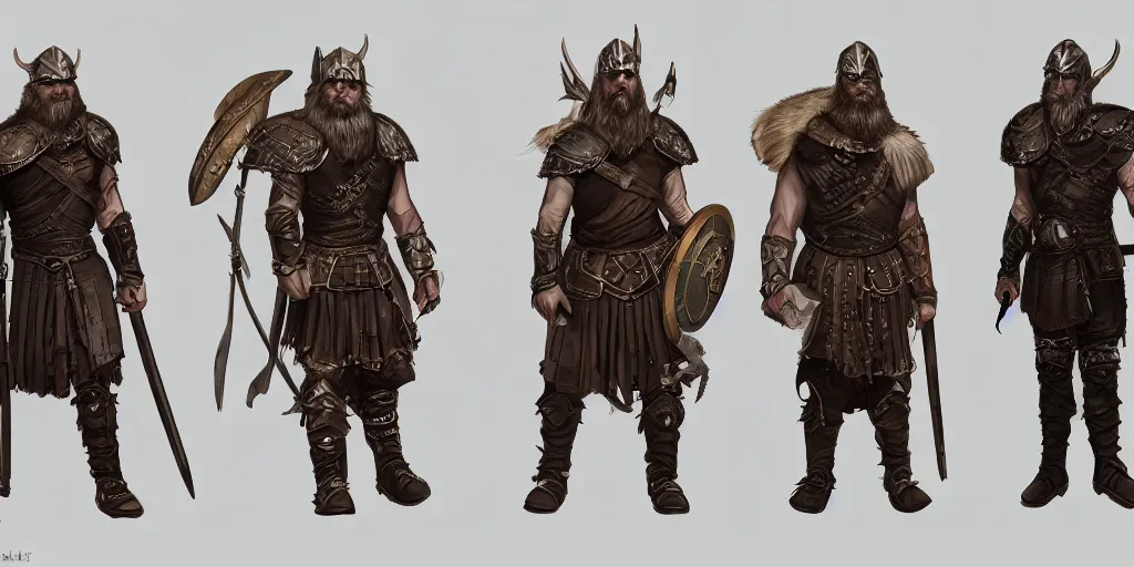 Image similar to three different views of a viking in armour, concept art by senior character artist, trending on artstation, artstation hd, full body