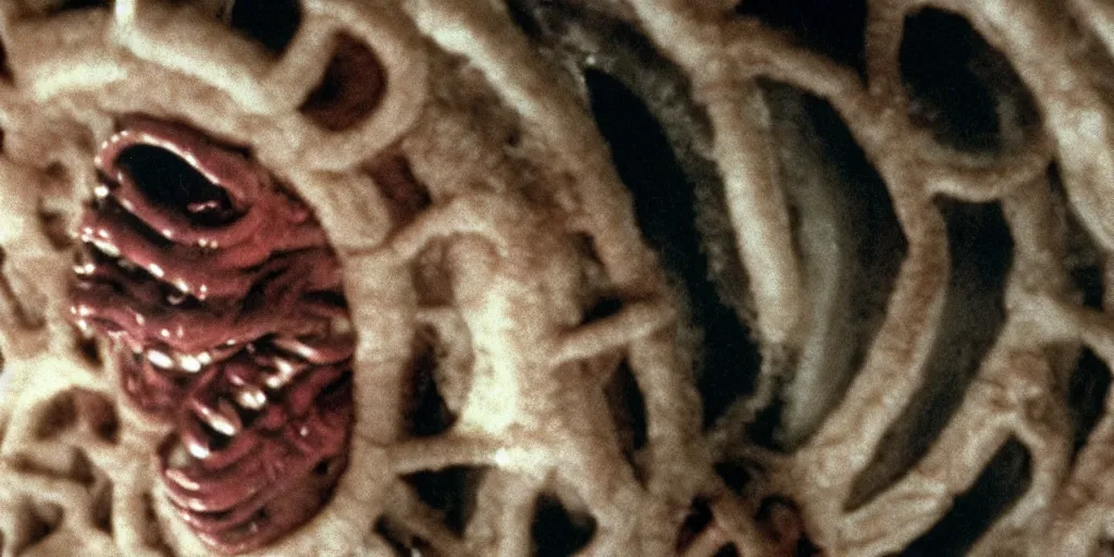 Prompt: filmic extreme closeup dutch angle movie still 4k UHD interior 35mm film color photograph of a a detached snarling distorted deformed human head protruding out of a mutated abstract shape shifting organism made of human internal organs, in the style of a horror film The Thing 1982