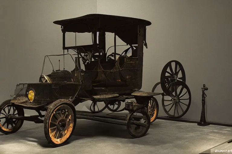 Image similar to cyberpunk 1 9 0 8 model ford t, volumetric lighting, in a museum, museum exhibit, museum lighting, 9 0 s film photo