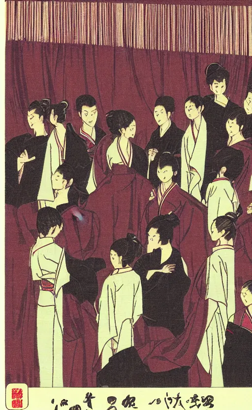 Prompt: by akio watanabe, manga art, the curtain of a rakugo theatre, the show is about to begin, trading card front, sun in the background